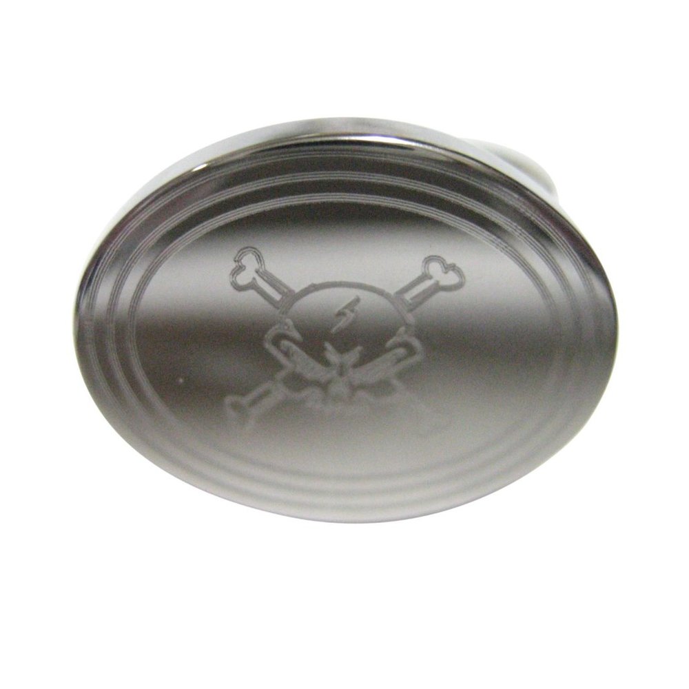 Etched Oval Angry Skull and Crossbones Ring